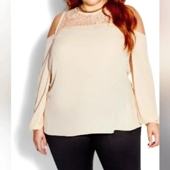 NWT City Chic Natalia Top in Buff, Cold-Shoulder, Lace Detail, Flowy, Size 16. - Picture 1 of 7